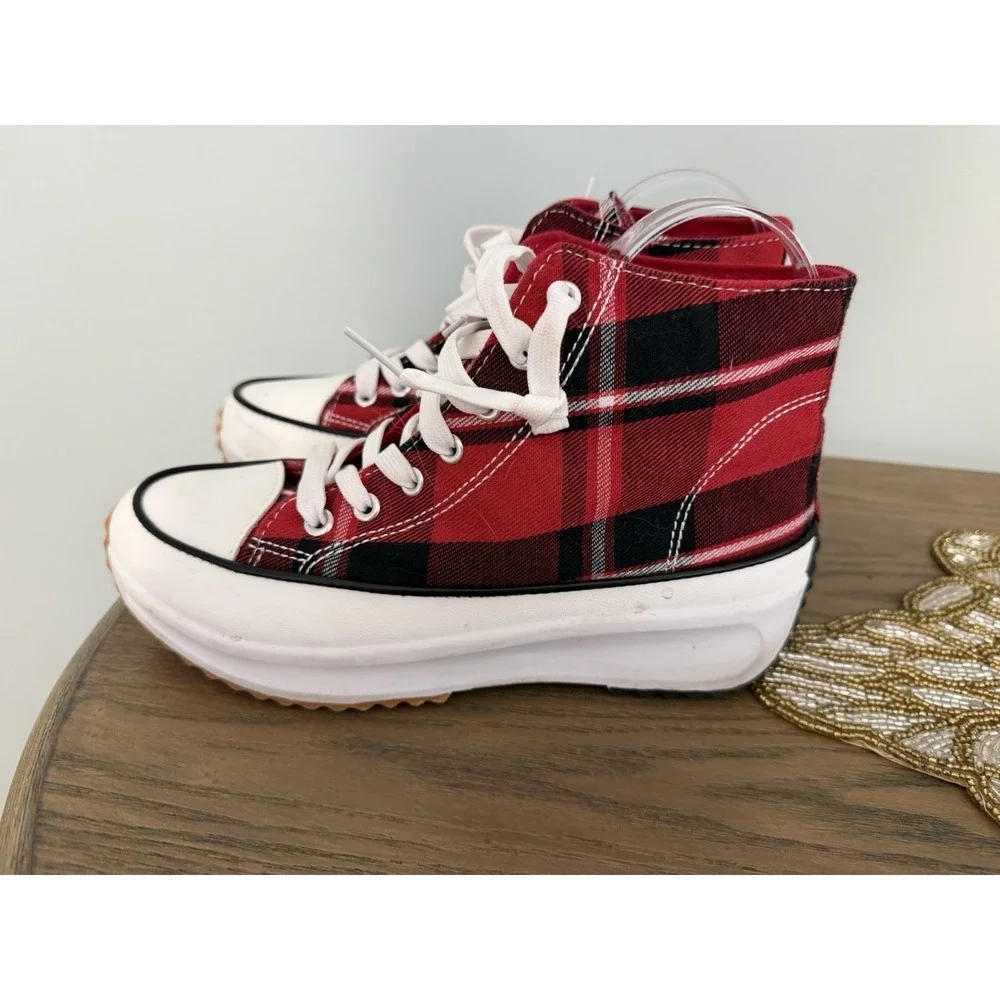 Platform High-Top Sneakers in Red Plaid - Unbranded